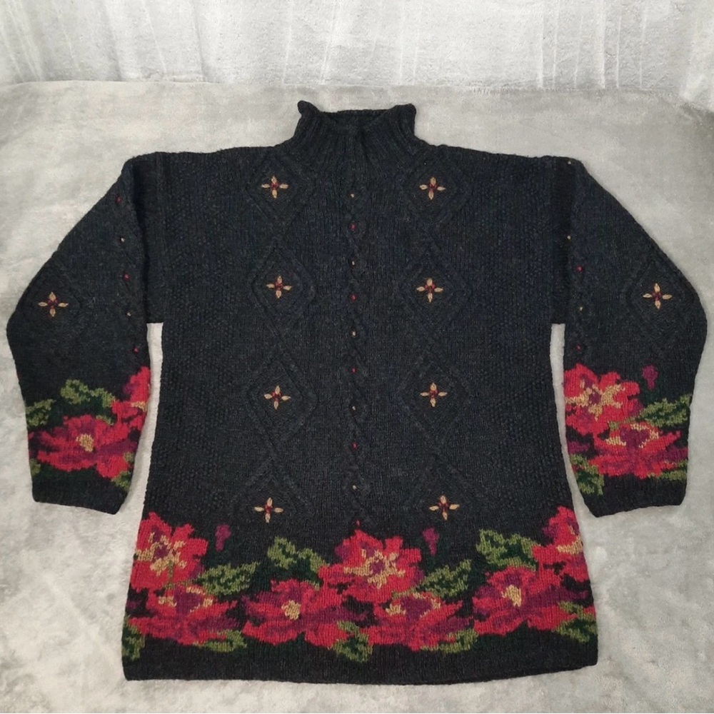 Vintage wool L.L. Bean Black Floral Turtleneck Sweater